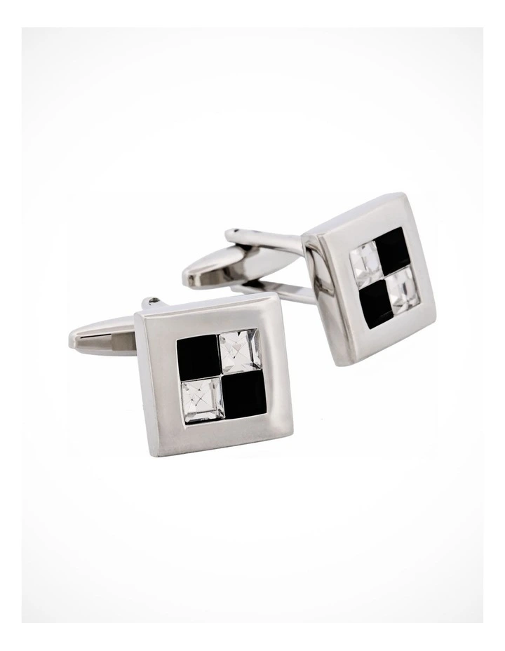 Rhodium Plated Jet & Crystal Check Cufflinks image 2
