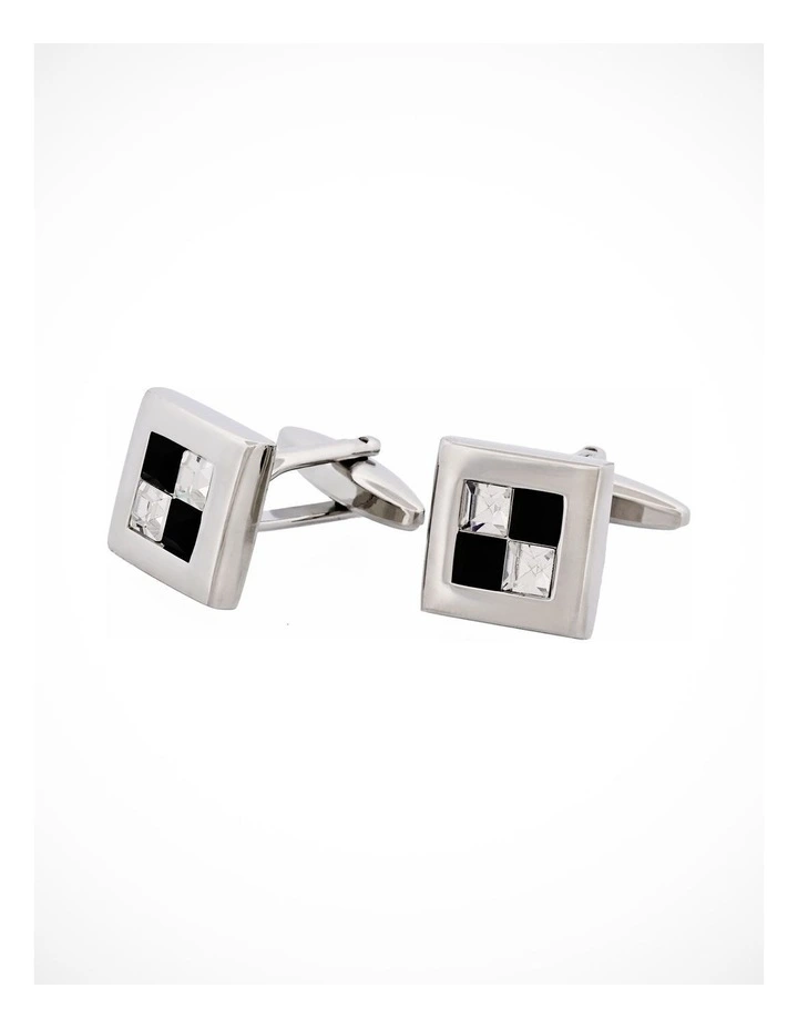 Rhodium Plated Jet & Crystal Check Cufflinks image 3