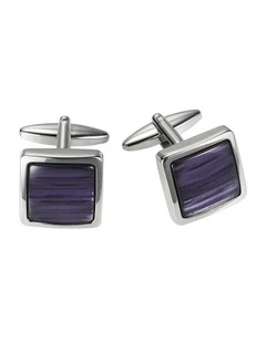 Polished Rhodium Plated Square Cufflinks with Purple Venetian Glass Resin Inlay
