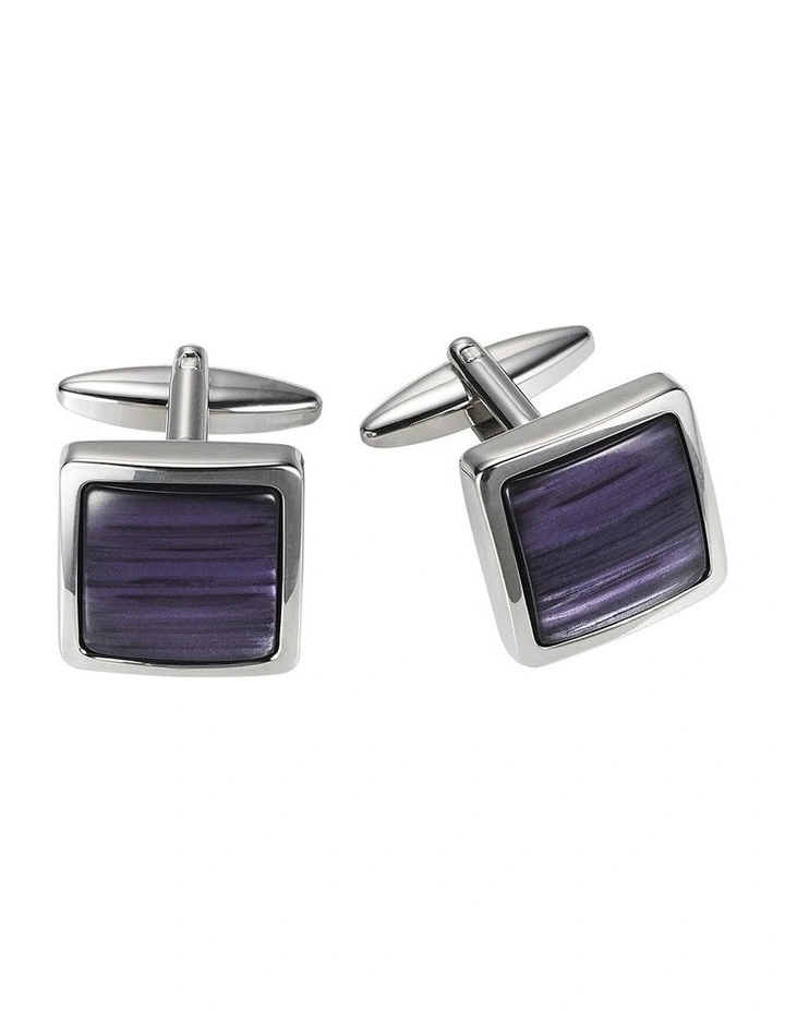 Polished Rhodium Plated Square Cufflinks with Purple Venetian Glass Resin Inlay image 1