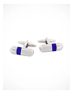 Polished Rhodium Plated & Dark Blue Cats Eye Tube Cufflinks