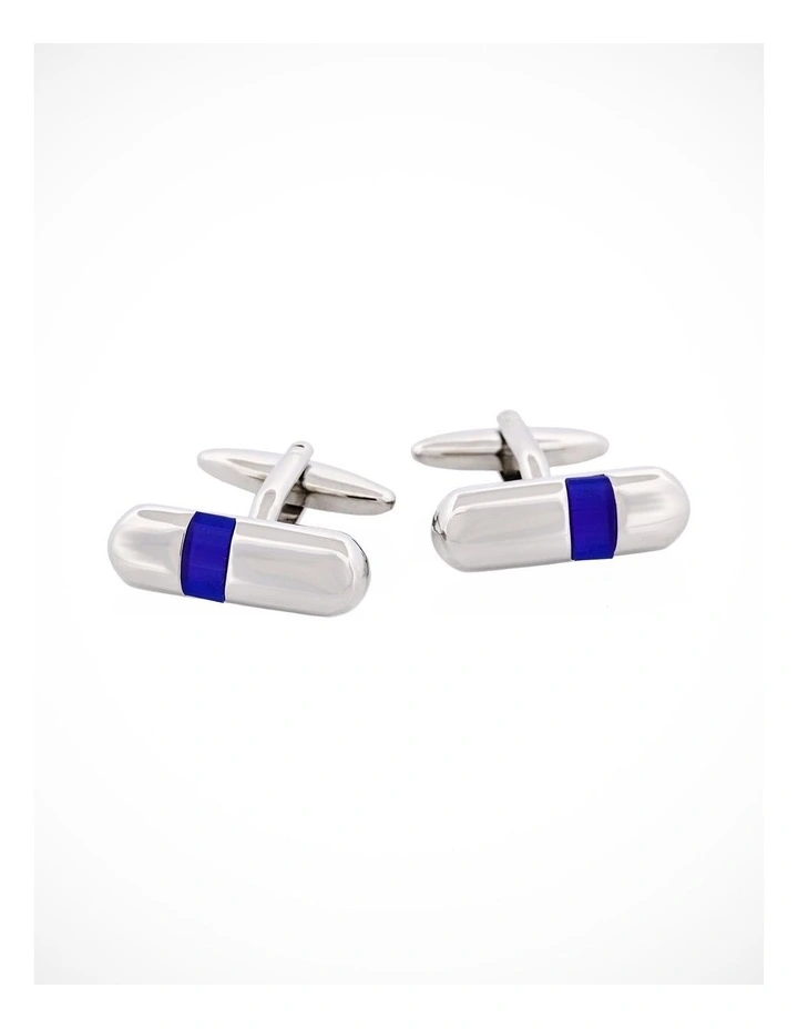 Polished Rhodium Plated & Dark Blue Cats Eye Tube Cufflinks image 1