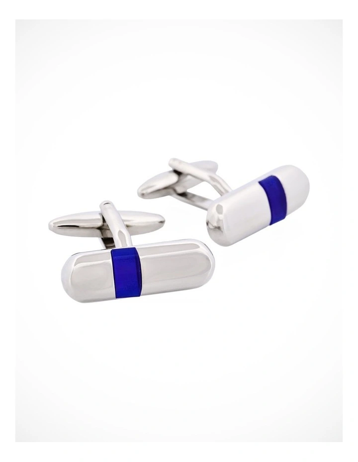 Polished Rhodium Plated & Dark Blue Cats Eye Tube Cufflinks image 2