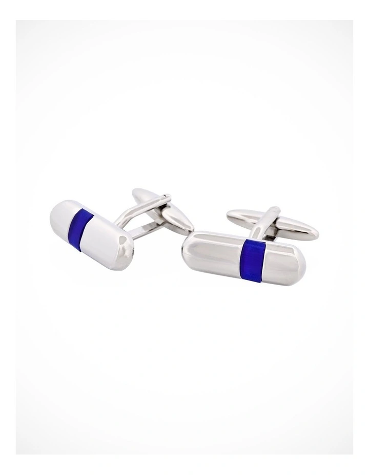 Polished Rhodium Plated & Dark Blue Cats Eye Tube Cufflinks image 3