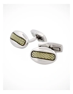 Polished Oval Stainless Steel & Silver Fibreglass Cufflinks
