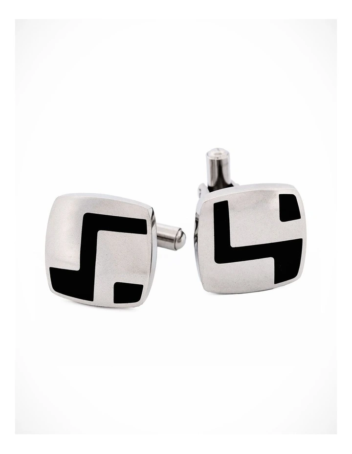 Polished Stainless Steel & Black Enamel Cufflinks image 2