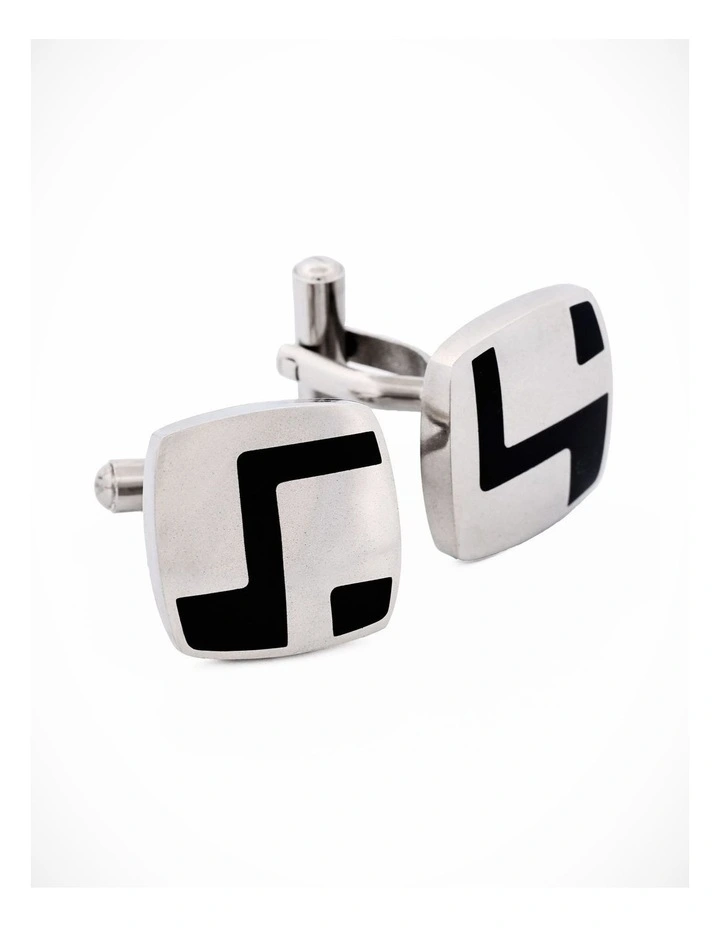 Polished Stainless Steel & Black Enamel Cufflinks image 3