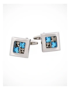 Rhodium Plated Black Diamond & Aquamarine Crystal Check Cufflinks
