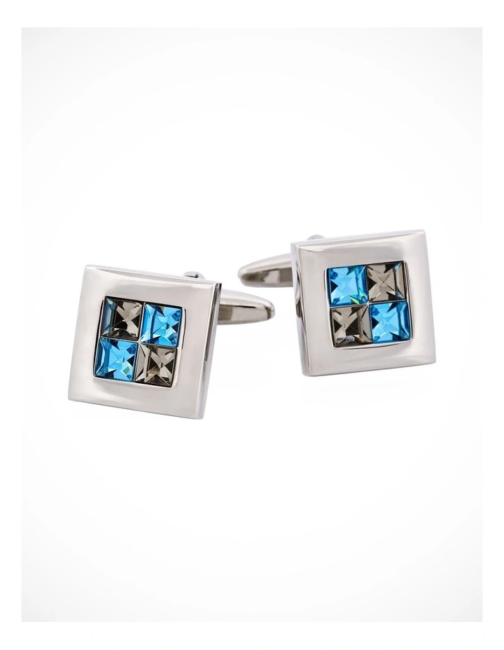 Rhodium Plated Black Diamond & Aquamarine Crystal Check Cufflinks image 1