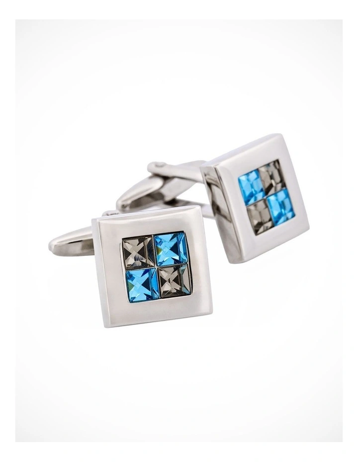 Rhodium Plated Black Diamond & Aquamarine Crystal Check Cufflinks image 2