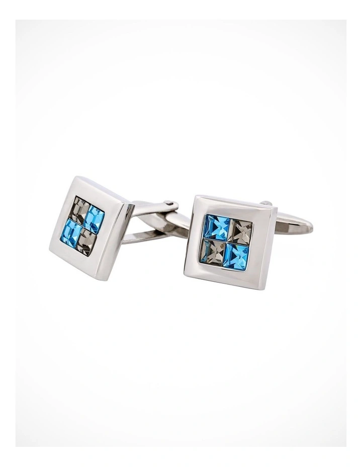 Rhodium Plated Black Diamond & Aquamarine Crystal Check Cufflinks image 3