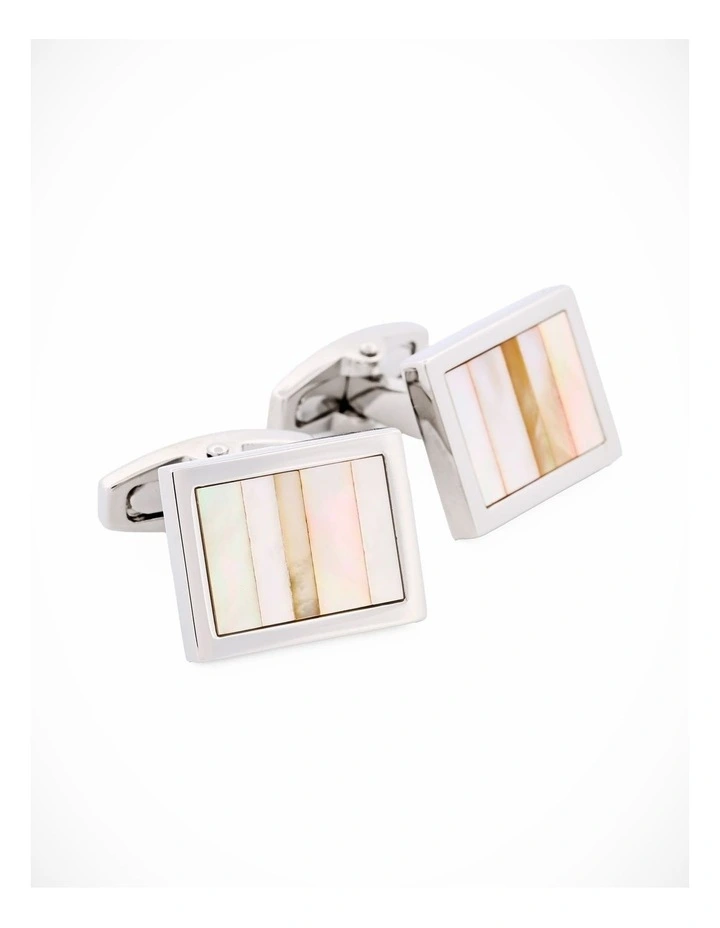 Polished Rhodium Plated Multi Coloured Mother Of Pearl Cufflinks image 1
