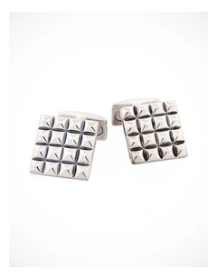 Polished Rhodium Plated Sterling Silver Square Cufflinks with Textured Grid Pattern