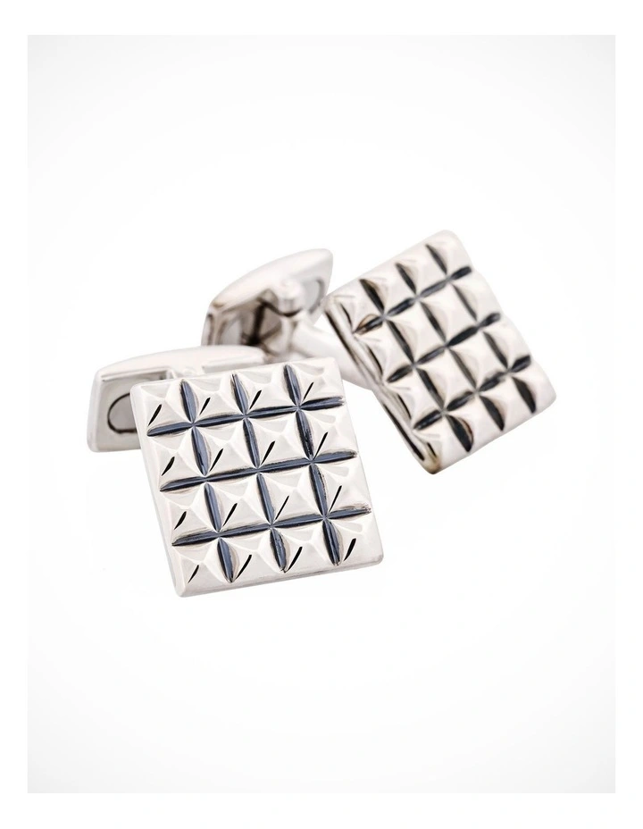 Polished Rhodium Plated Sterling Silver Square Cufflinks with Textured Grid Pattern image 2