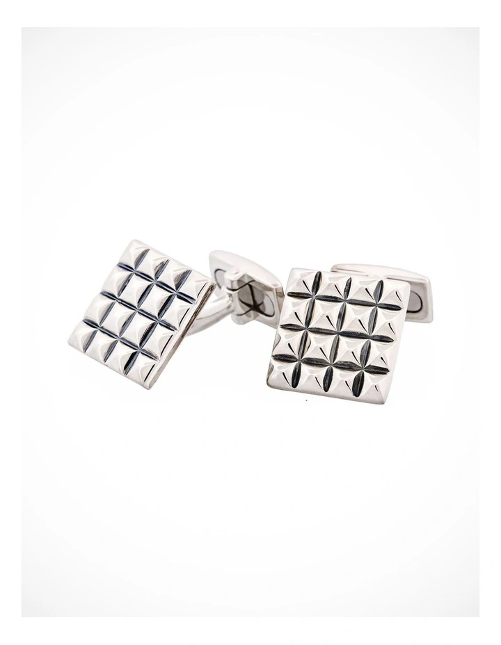 Polished Rhodium Plated Sterling Silver Square Cufflinks with Textured Grid Pattern image 3