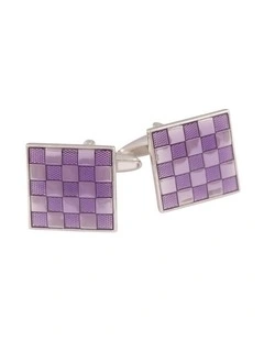 Rhodium Plated Purple Check Enamel Square Cufflinks