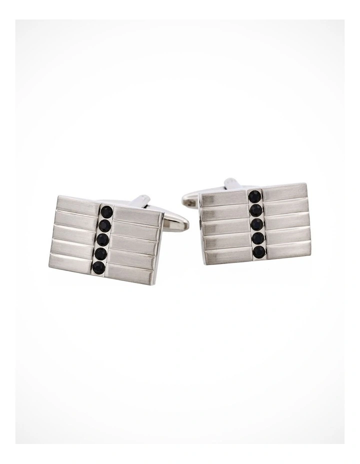 Brushed Rhodium Plated Rectangle Cufflinks with 5 Jet Black Crystals image 1