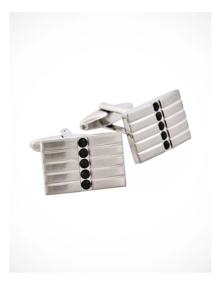 Brushed Rhodium Plated Rectangle Cufflinks with 5 Jet Black Crystals image 2