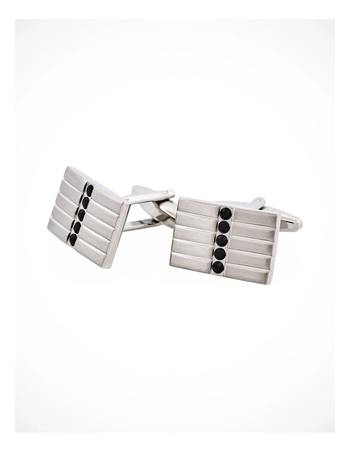 Brushed Rhodium Plated Rectangle Cufflinks with 5 Jet Black Crystals image 3