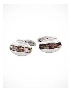 Polished Rhodium Plated Oval Mosaic Design Grey Mother Of Pearl Cufflinks