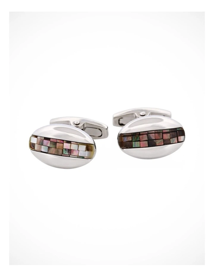 Polished Rhodium Plated Oval Mosaic Design Grey Mother Of Pearl Cufflinks image 1