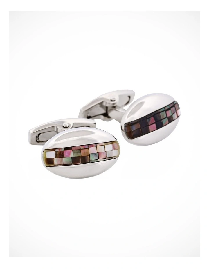 Polished Rhodium Plated Oval Mosaic Design Grey Mother Of Pearl Cufflinks image 2