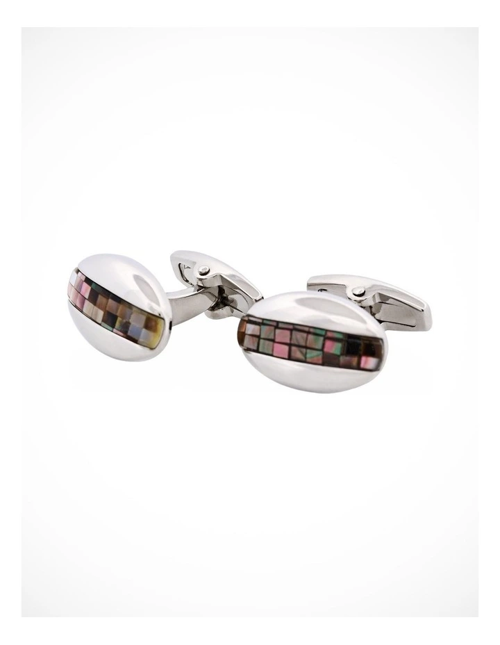 Polished Rhodium Plated Oval Mosaic Design Grey Mother Of Pearl Cufflinks image 3
