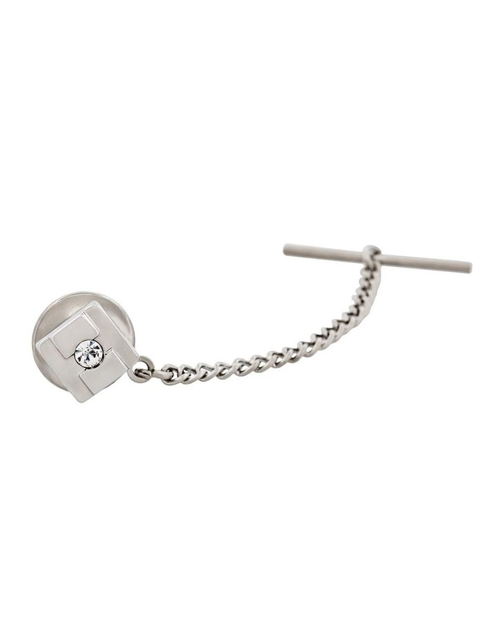 Rhodium Plated & Crystal Tie Tak & Chain image 1