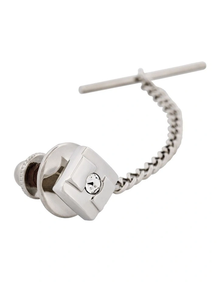 Rhodium Plated & Crystal Tie Tak & Chain image 2