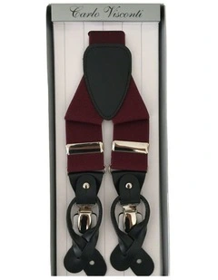 Mens Premium Convertible Suspenders Braces Clip On Elastic Y-Back Traditional Leather Tab - Wine