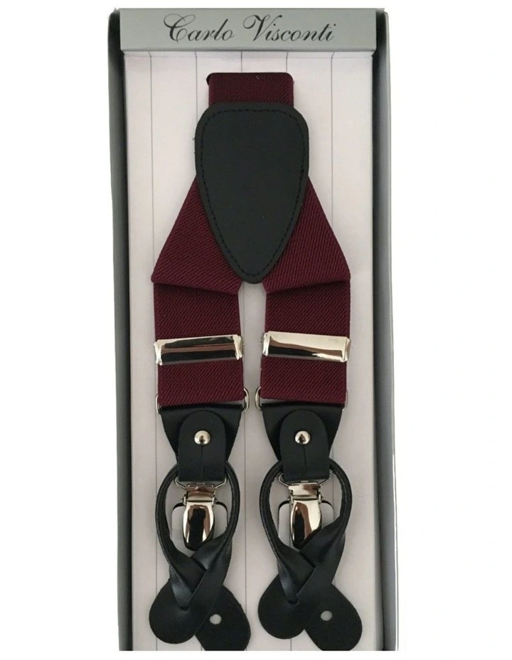 Mens Premium Convertible Suspenders Braces Clip On Elastic Y-Back Traditional Leather Tab - Wine image 1