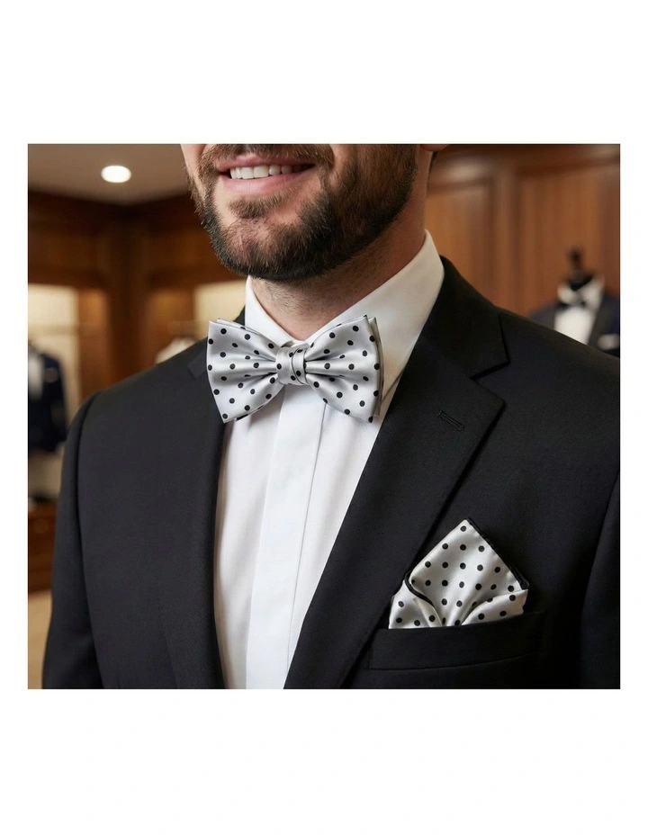 Formalaties Luxury Satin Polka Dot Hank Pocket Square & Bow Tie in Silver/Black image 2