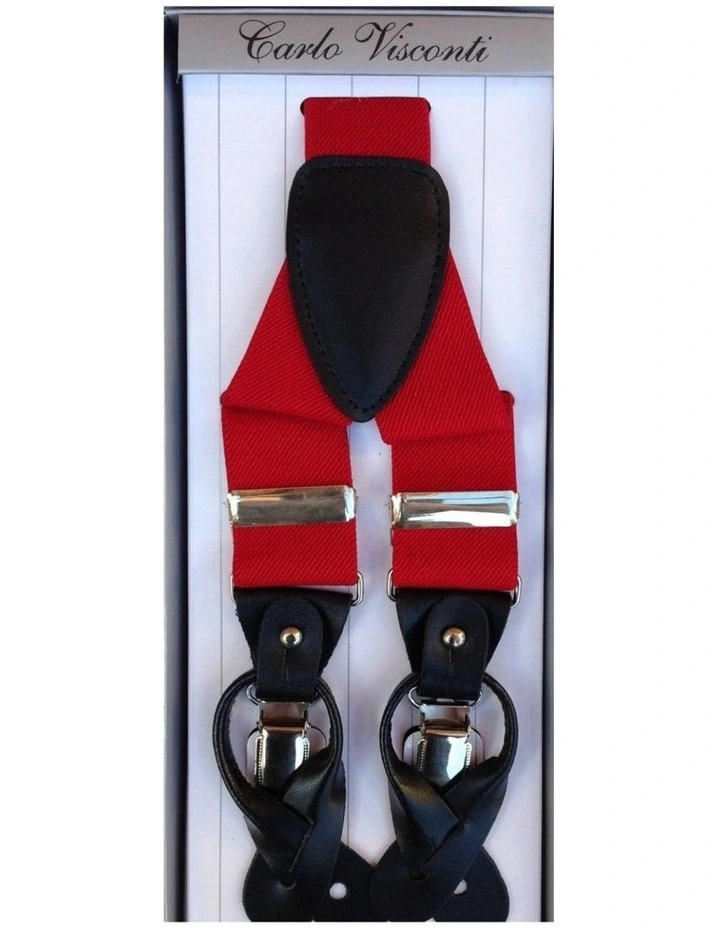 Mens Premium Convertible Suspenders Braces Clip On Elastic Y-Back Traditional Leather Tab - Red image 1