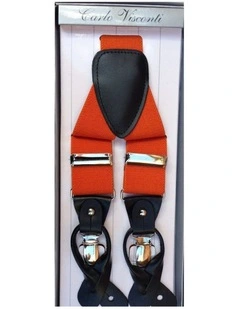 Mens Premium Convertible Suspenders Braces Clip On Elastic Y-Back Traditional Leather Tab - Orange