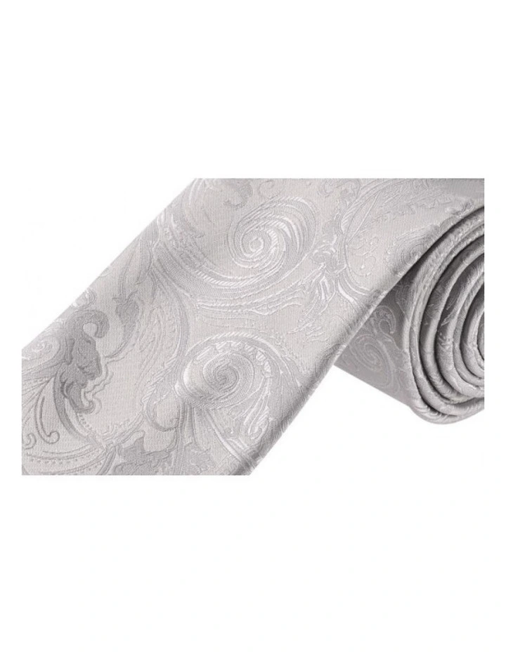 Premium Tapestry Slim Skinny Tie Paisley - Platinum Silver - 5cm Wide image 1