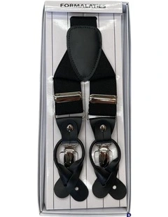 Mens Premium Convertible Suspenders Braces Clip On Elastic Y-Back Traditional Leather Tab - Black