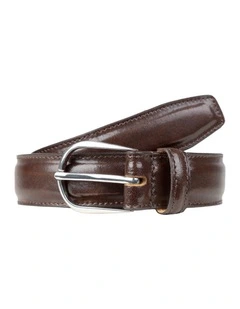Dents Mens Heritage Lined Leather Belt with Shiny Silver Buckle and Stitched Edge in Brown