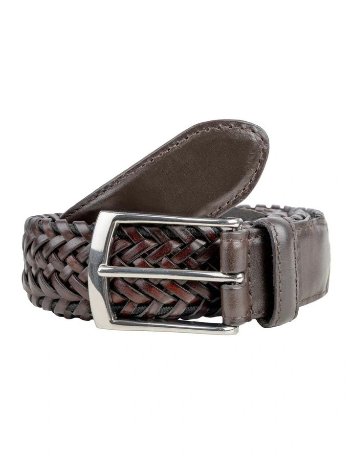 Dents Mens Woven Leather Belt with Satin Nickel Buckle in Brown image 1