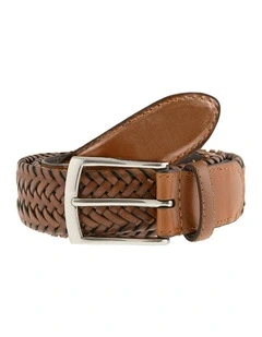Dents Mens Woven Leather Belt with Satin Nickel Buckle in Tan