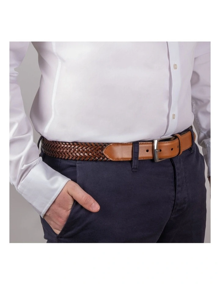 Dents Mens Woven Leather Belt with Satin Nickel Buckle in Tan image 2