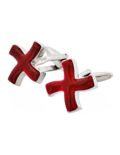 Rhodium Plated Burgundy Enamel Curved Cross Cufflinks