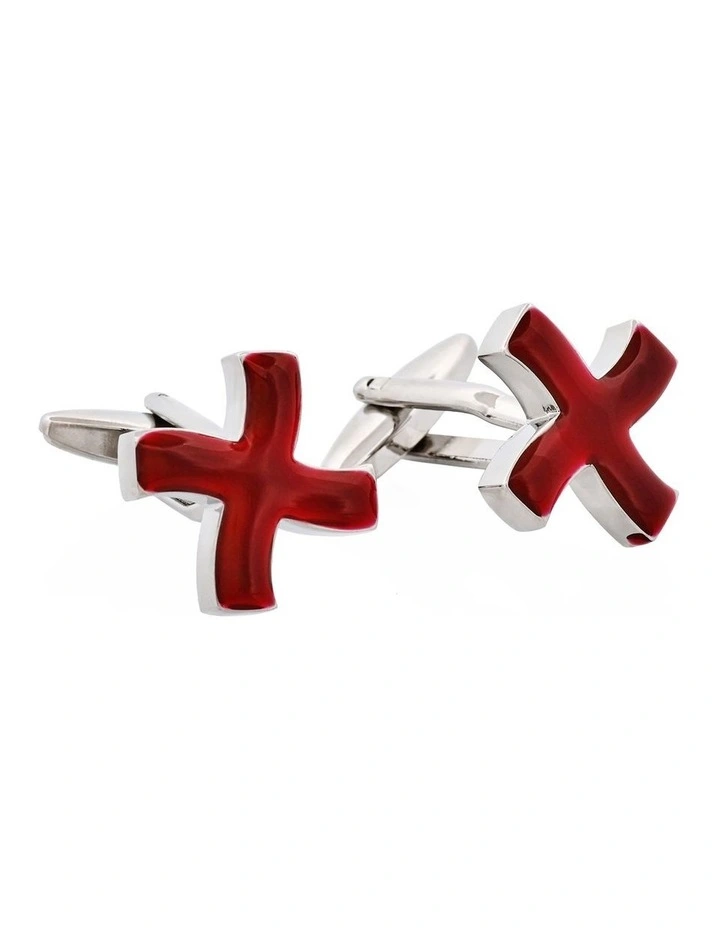 Rhodium Plated Burgundy Enamel Curved Cross Cufflinks image 3