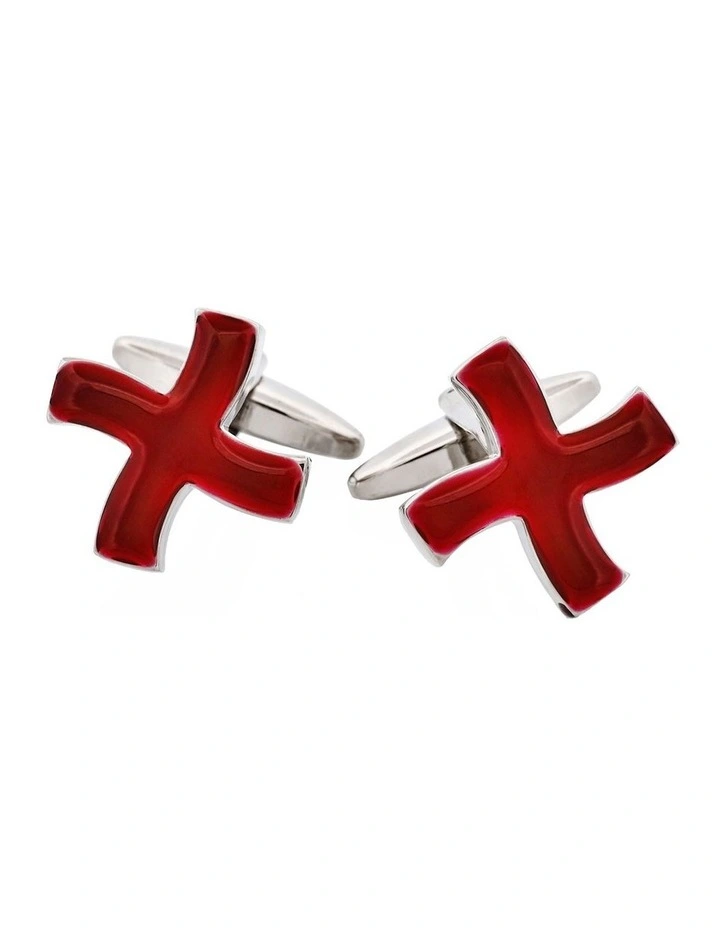 Rhodium Plated Burgundy Enamel Curved Cross Cufflinks image 4