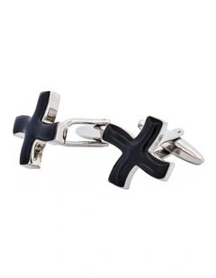 Rhodium Plated Black Enamel Curved Cross Cufflinks