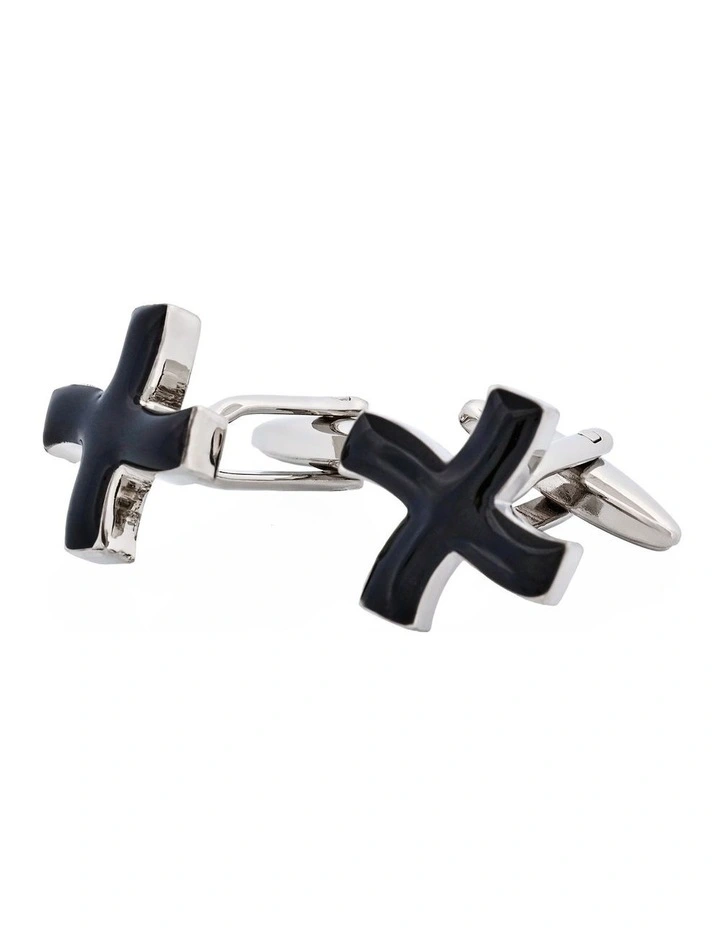 Rhodium Plated Black Enamel Curved Cross Cufflinks image 1