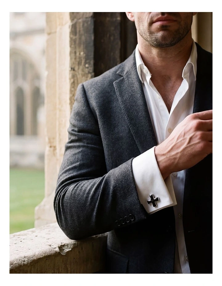 Rhodium Plated Black Enamel Curved Cross Cufflinks image 2