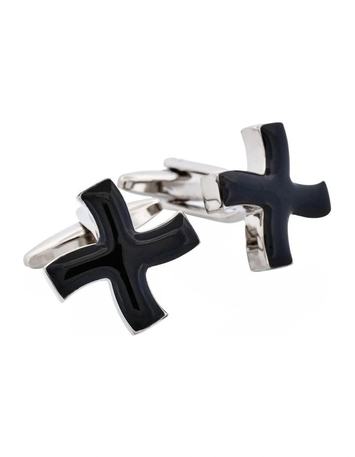 Rhodium Plated Black Enamel Curved Cross Cufflinks image 3