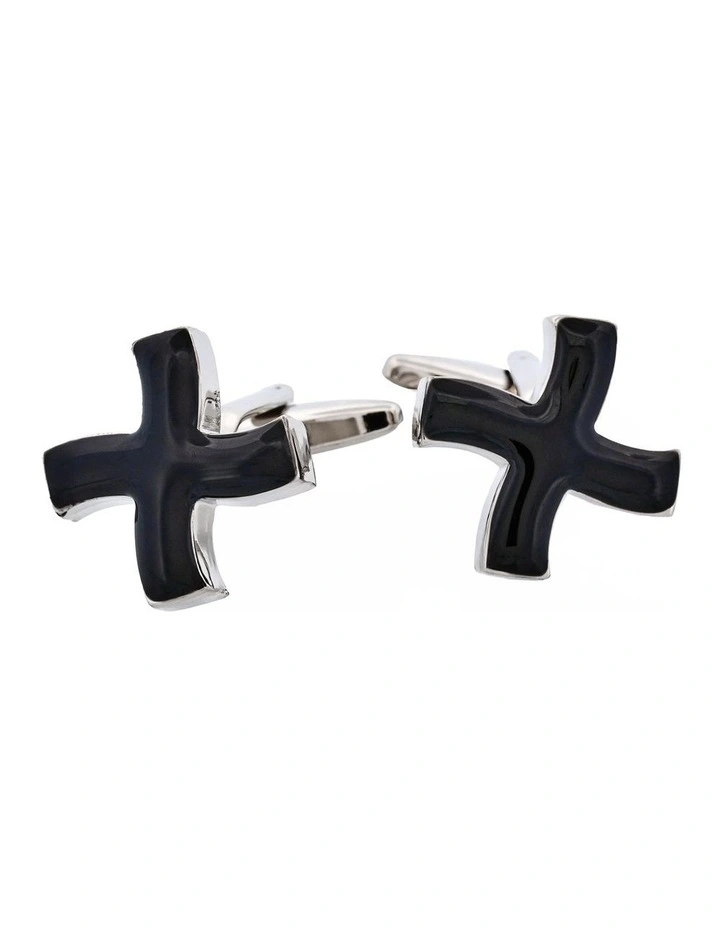 Rhodium Plated Black Enamel Curved Cross Cufflinks image 4