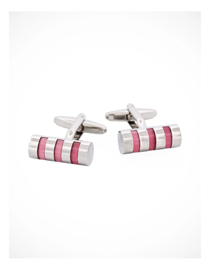 Rhodium Plated & Pink Mother of Pearl Tube Cufflinks image 1