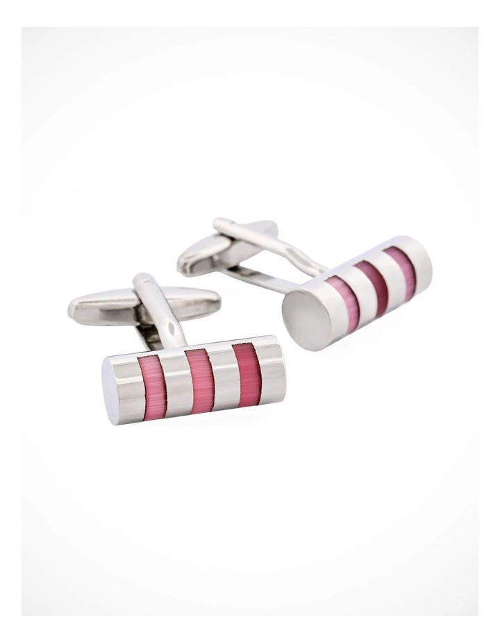 Rhodium Plated & Pink Mother of Pearl Tube Cufflinks image 2